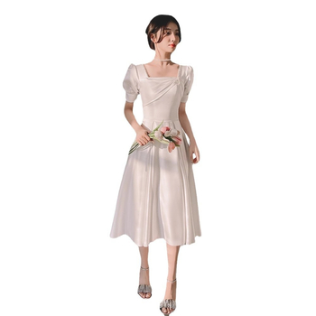 Rochie de seară pentru femei, siluetă în linie A, talie înaltă, mâneci bufante, fustă lungă, satin