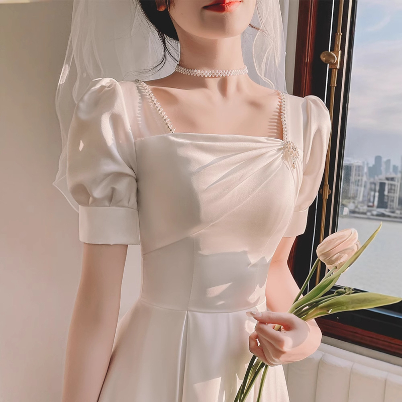 Rochie de seară pentru femei, siluetă în linie A, talie înaltă, mâneci bufante, fustă lungă, satin