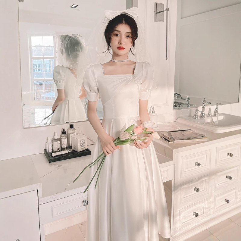 Rochie de seară pentru femei, siluetă în linie A, talie înaltă, mâneci bufante, fustă lungă, satin