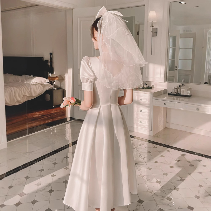 Rochie de seară pentru femei, siluetă în linie A, talie înaltă, mâneci bufante, fustă lungă, satin