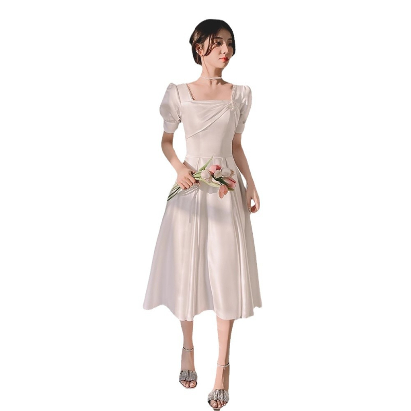 Rochie de seară pentru femei, siluetă în linie A, talie înaltă, mâneci bufante, fustă lungă, satin