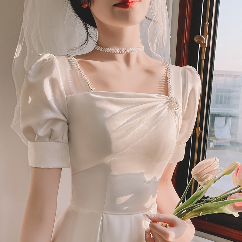 Rochie de seară pentru femei, siluetă în linie A, talie înaltă, mâneci bufante, fustă lungă, satin