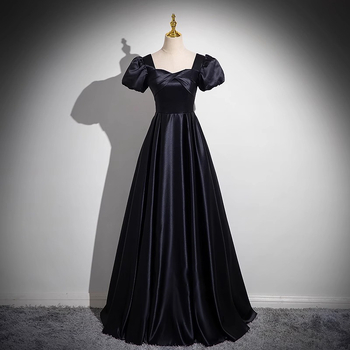 Poliester satin duga večernja haljina, bez rukava, off-shoulder, A-linija, srednji pojas, za odrasle žene, pogodna za vokalne ispite i klavirske nastupe