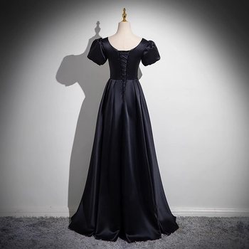 Poliester satin duga večernja haljina, bez rukava, off-shoulder, A-linija, srednji pojas, za odrasle žene, pogodna za vokalne ispite i klavirske nastupe