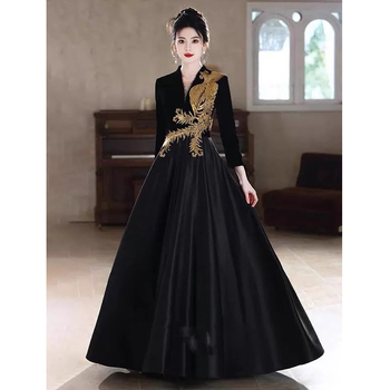 Rochie de seară pentru femei, țesătură din acetat, croială în A cu talie înaltă, mâneci trei sferturi, fustă lungă