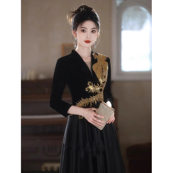 Rochie de seară pentru femei, țesătură din acetat, croială în A cu talie înaltă, mâneci trei sferturi, fustă lungă