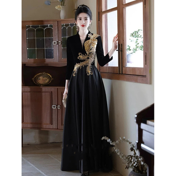 Rochie de seară pentru femei, țesătură din acetat, croială în A cu talie înaltă, mâneci trei sferturi, fustă lungă