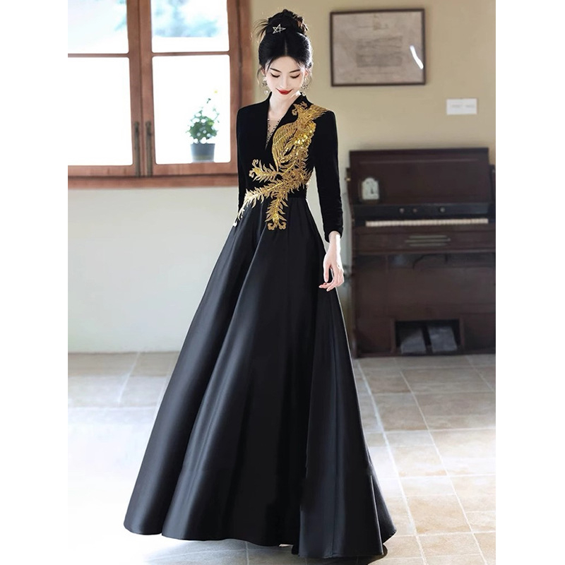 Rochie de seară pentru femei, țesătură din acetat, croială în A cu talie înaltă, mâneci trei sferturi, fustă lungă