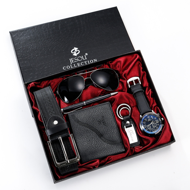 6-dijelni boutique poklon paket: naočale, kaiš, novčanik, privjesak za ključeve, kvarcni sat s velikim brojčanikom, kemijska olovka — pogon: kvarc, marka Pearl, kućište od legure, remen od umjetne kože, kopča s iglom