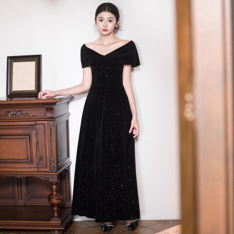Plus size večernja haljina za žene, novi model 2026, elegantna crna svjetlucava duga haljina s visokim strukom, 3/4 rukavi, pogodna za vokalne probe i vodstvo događaja