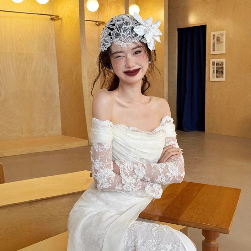 Francuska čipka, lagana vjenčana haljina za mladenku, luksuzan šumski retro stil, haljina s jednim ramenom, s malim šlepom