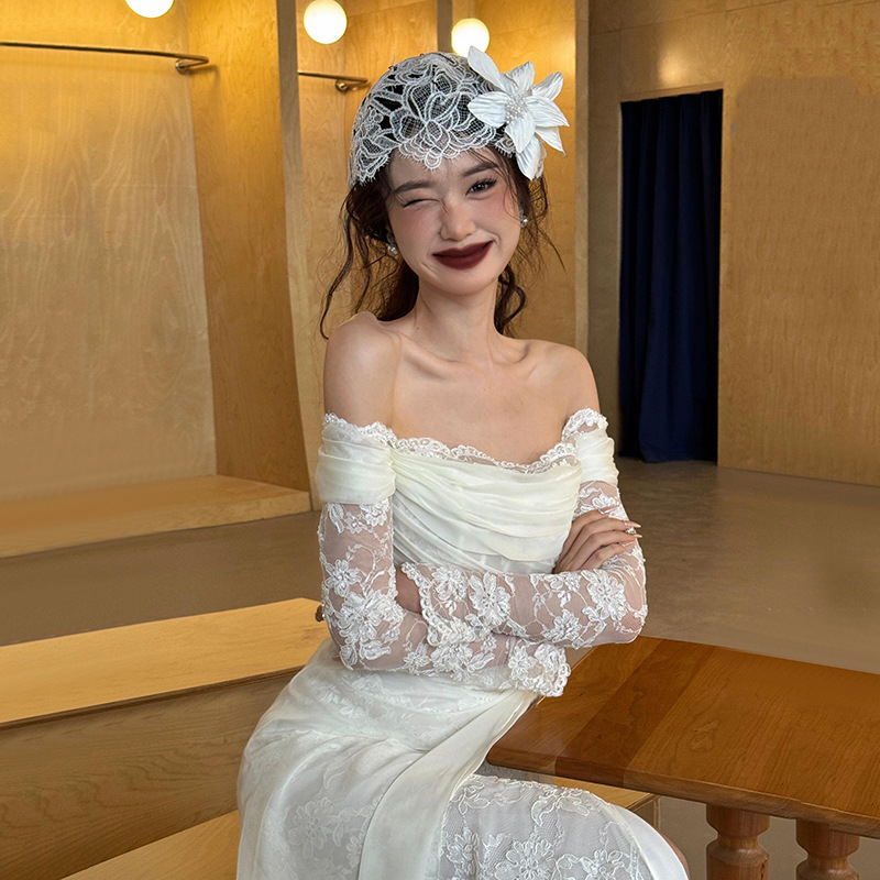Francuska čipka, lagana vjenčana haljina za mladenku, luksuzan šumski retro stil, haljina s jednim ramenom, s malim šlepom