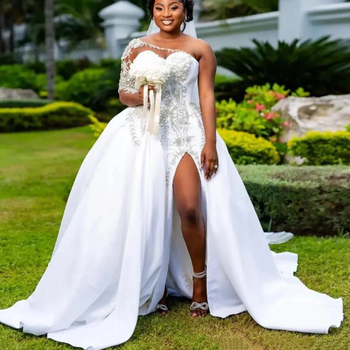 Rochie de mireasă - tren lung, talie înaltă, mâneci lungi, fustă lungă - poliester 70-80%