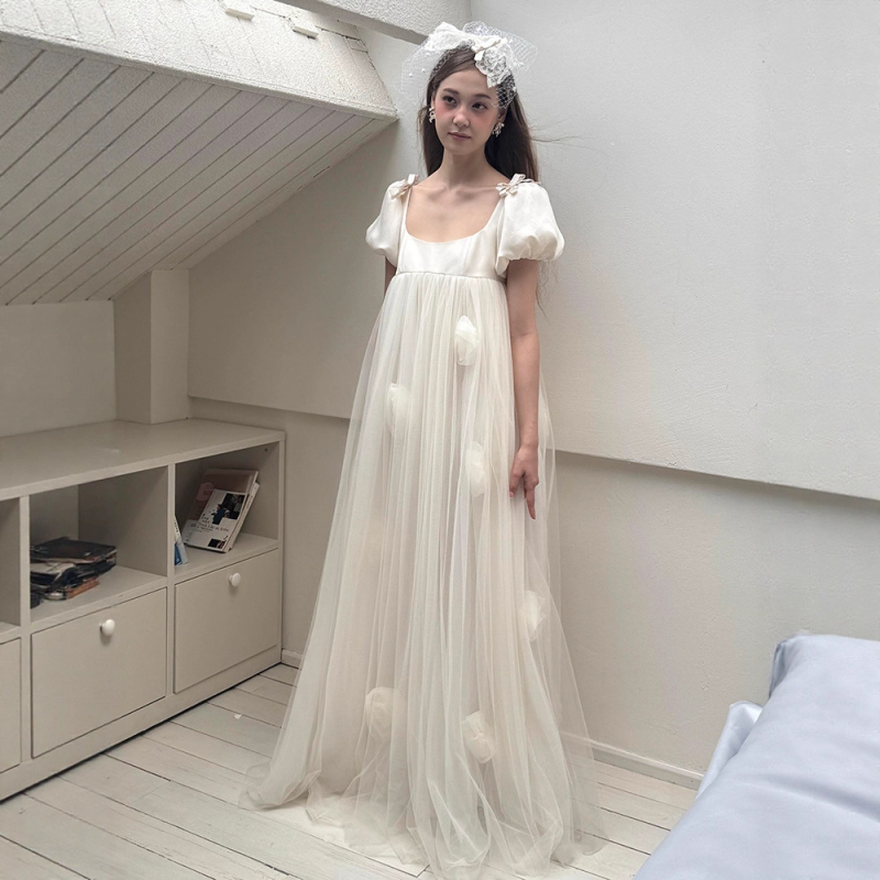 Rochie de mireasă cu talie strânsă în formă de coadă de pește, talie înaltă, mâneci lungi, fustă lungă, poliester (50–70%)