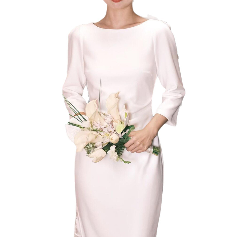 Francuska satenska vjenčana haljina s dugim rukavima, bijela za malu nevjestu, elegantna haljina za građanski vjenčanje