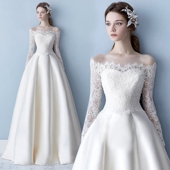 Rochie de mireasă, decolteu în V profund, talie înaltă, fustă pufoasă, mâneci lungi, poliester