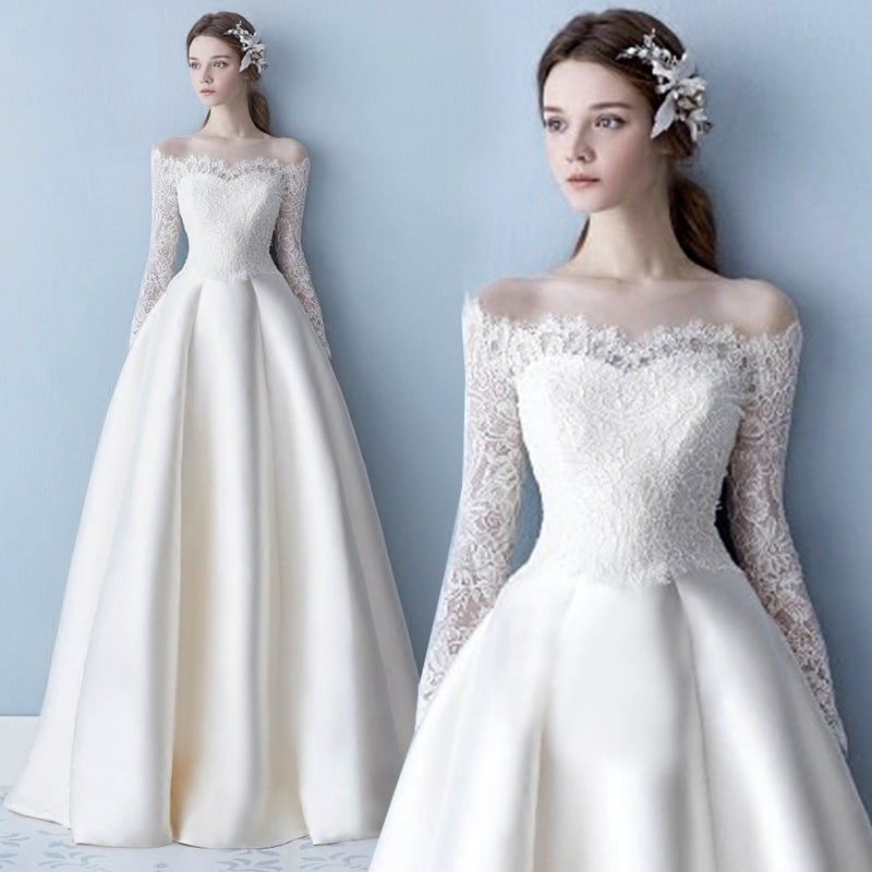 Rochie de mireasă, decolteu în V profund, talie înaltă, fustă pufoasă, mâneci lungi, poliester