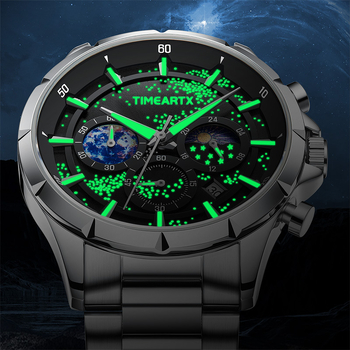 Timeartx TA-5870 Muški kvarcni sat s cifrom zvjezdanog neba, nehrđajući čelični remen, svijetli u mraku