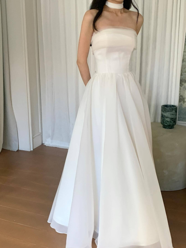 Vjenčana haljina bez rukava, tube-top stil, srednji struk, duga suknja, poliester s elastanom (≥95% poliester, <30% elastana)