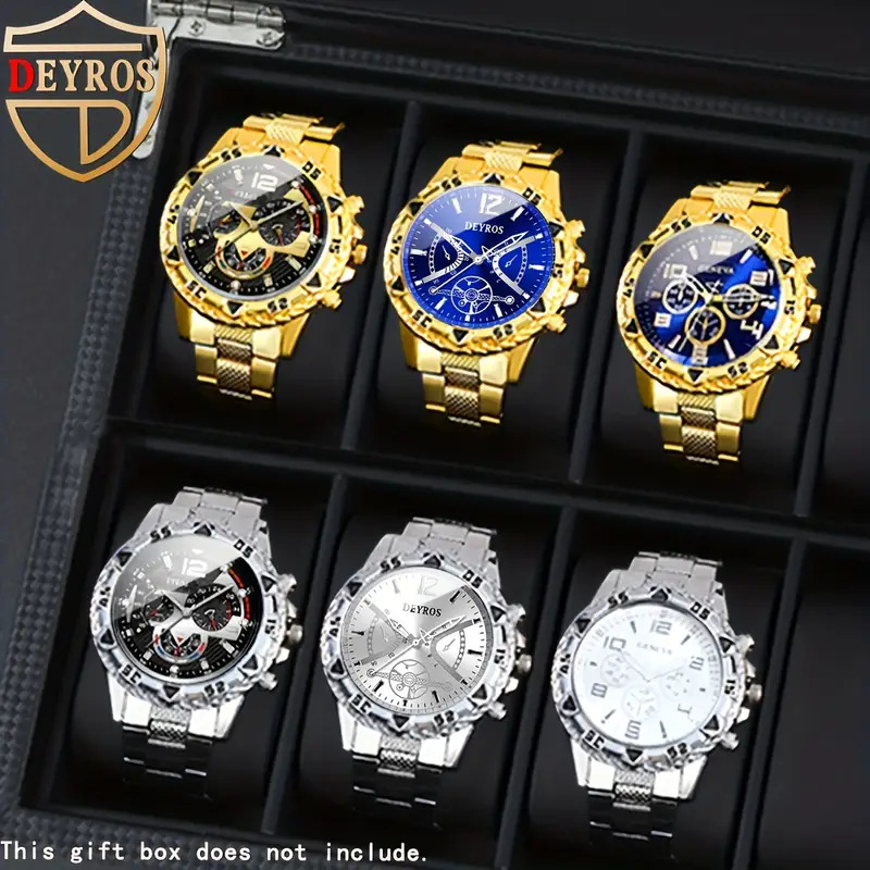 Set de 6 ceasuri quartz pentru bărbați - carcasă din aliaj, cadran analog, dată, zi, cronograf, timp mondial, curea din silicon