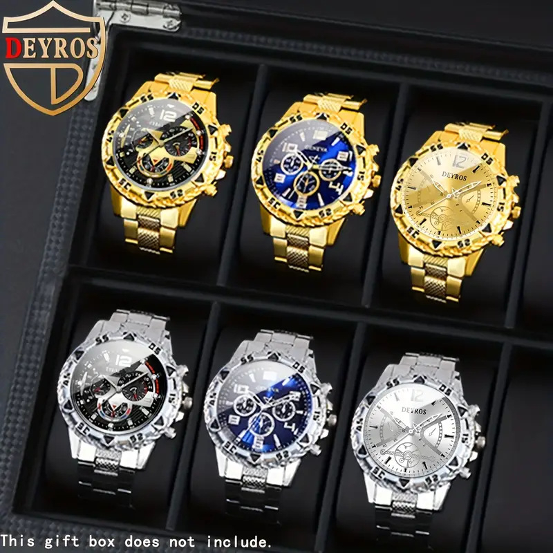 Set de 6 ceasuri quartz pentru bărbați - carcasă din aliaj, cadran analog, dată, zi, cronograf, timp mondial, curea din silicon