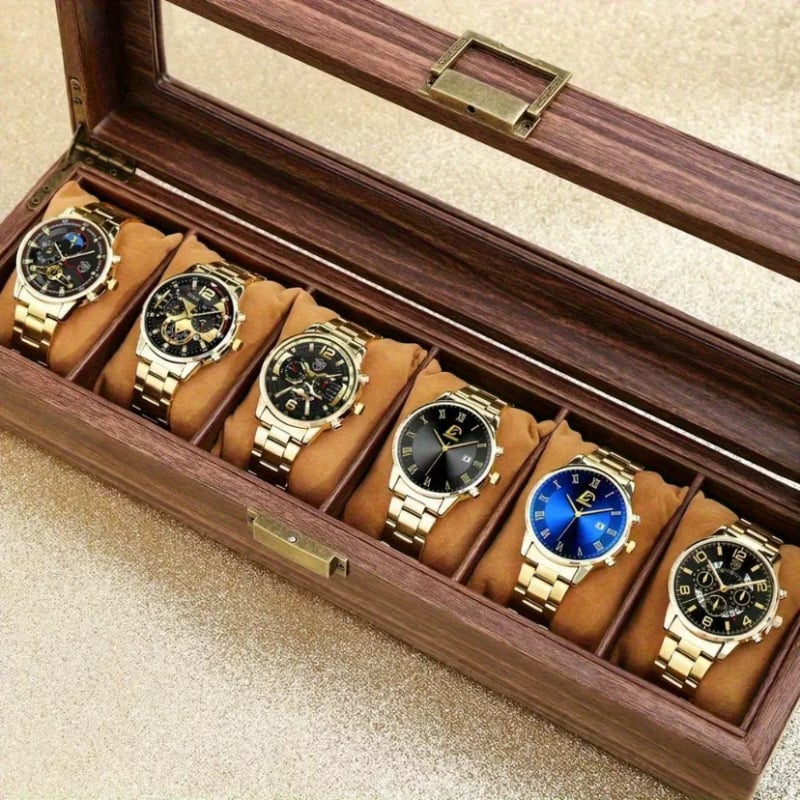 Set de 6 ceasuri quartz pentru bărbați - carcasă din aliaj, cadran analog, dată, zi, cronograf, timp mondial, curea din silicon