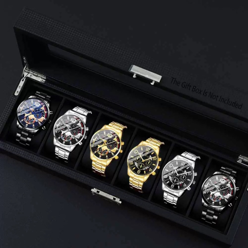 Set de 6 ceasuri quartz pentru bărbați - carcasă din aliaj, cadran analog, dată, zi, cronograf, timp mondial, curea din silicon