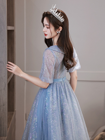 Rochie de seară din chiffon, poliester la bază, talie înaltă, mâneci trei sferturi, lungime midi