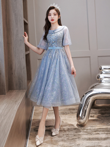 Rochie de seară din chiffon, poliester la bază, talie înaltă, mâneci trei sferturi, lungime midi