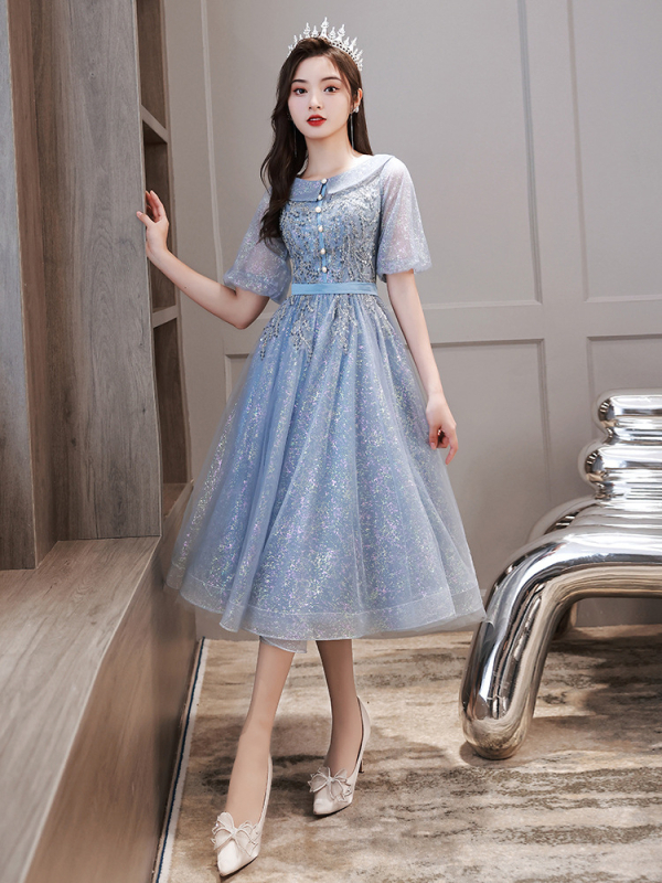 Rochie de seară din chiffon, poliester la bază, talie înaltă, mâneci trei sferturi, lungime midi