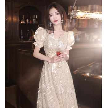 Вечерна рокля с пайети, френски стил, дълга, висока талия, ръкав 3/4