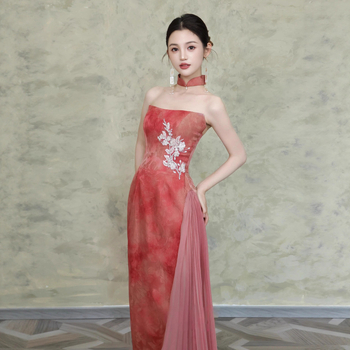 Rochie de seară/formală cu decolteu tip chest-wrap, fără mâneci, talie medie, stil etnic trib