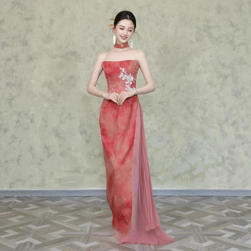 Rochie de seară/formală cu decolteu tip chest-wrap, fără mâneci, talie medie, stil etnic trib