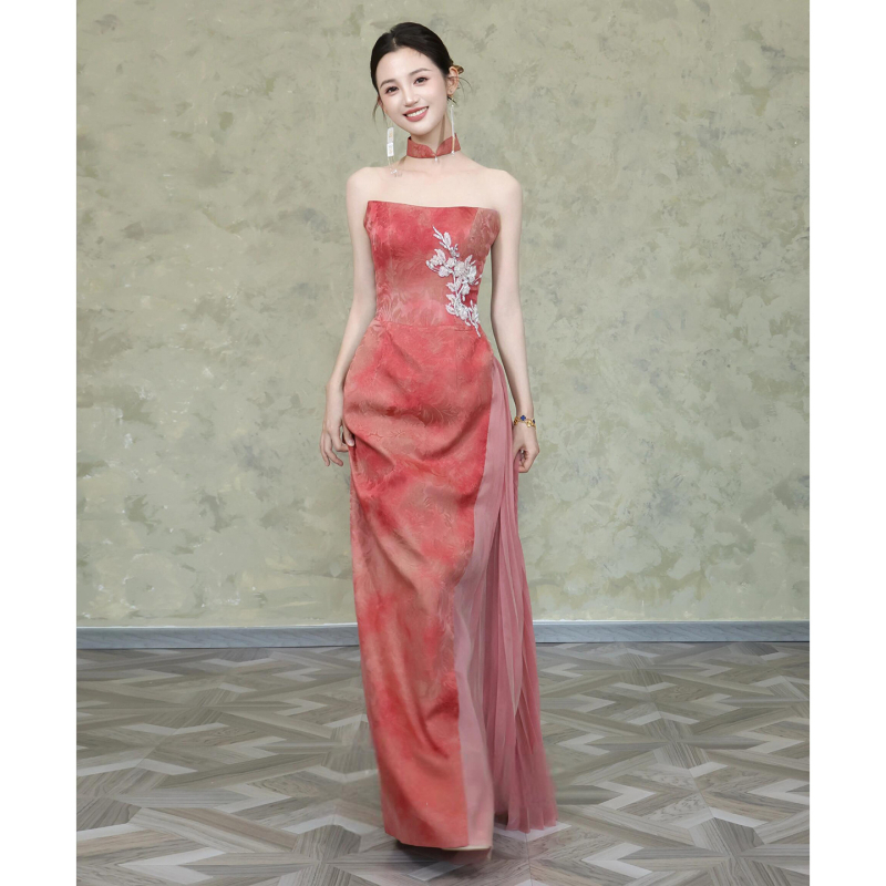 Rochie de seară/formală cu decolteu tip chest-wrap, fără mâneci, talie medie, stil etnic trib