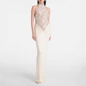 Βραδινό φόρεμα με halter-neck, χωρίς πλάτη, δαντελένιες επενδύσεις, υψηλή μέση, μακρύ φόρεμα σε γραμμή ίσιας σιλουέτας
