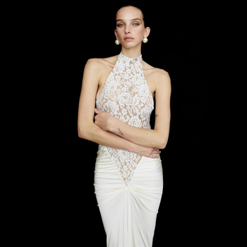 Βραδινό φόρεμα με halter-neck, χωρίς πλάτη, δαντελένιες επενδύσεις, υψηλή μέση, μακρύ φόρεμα σε γραμμή ίσιας σιλουέτας