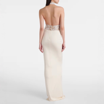 Βραδινό φόρεμα με halter-neck, χωρίς πλάτη, δαντελένιες επενδύσεις, υψηλή μέση, μακρύ φόρεμα σε γραμμή ίσιας σιλουέτας