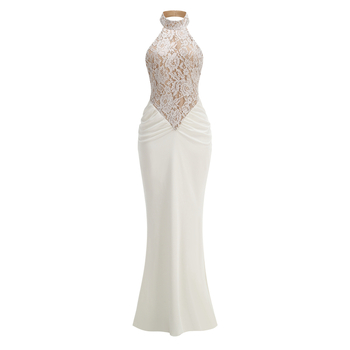 Βραδινό φόρεμα με halter-neck, χωρίς πλάτη, δαντελένιες επενδύσεις, υψηλή μέση, μακρύ φόρεμα σε γραμμή ίσιας σιλουέτας