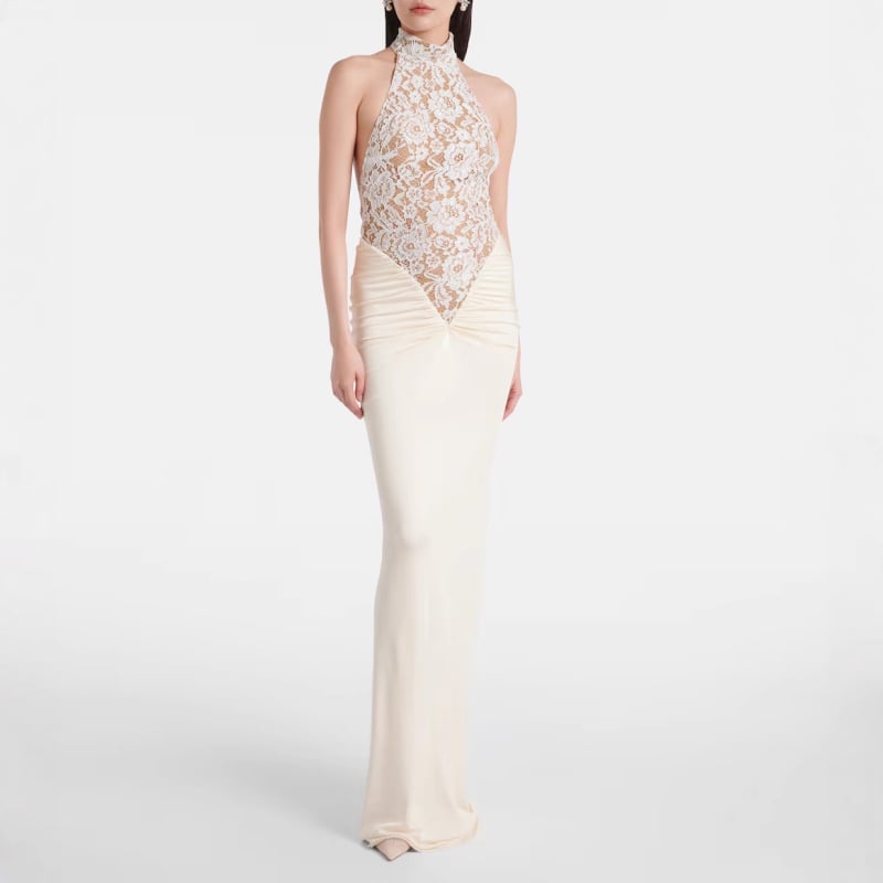 Βραδινό φόρεμα με halter-neck, χωρίς πλάτη, δαντελένιες επενδύσεις, υψηλή μέση, μακρύ φόρεμα σε γραμμή ίσιας σιλουέτας