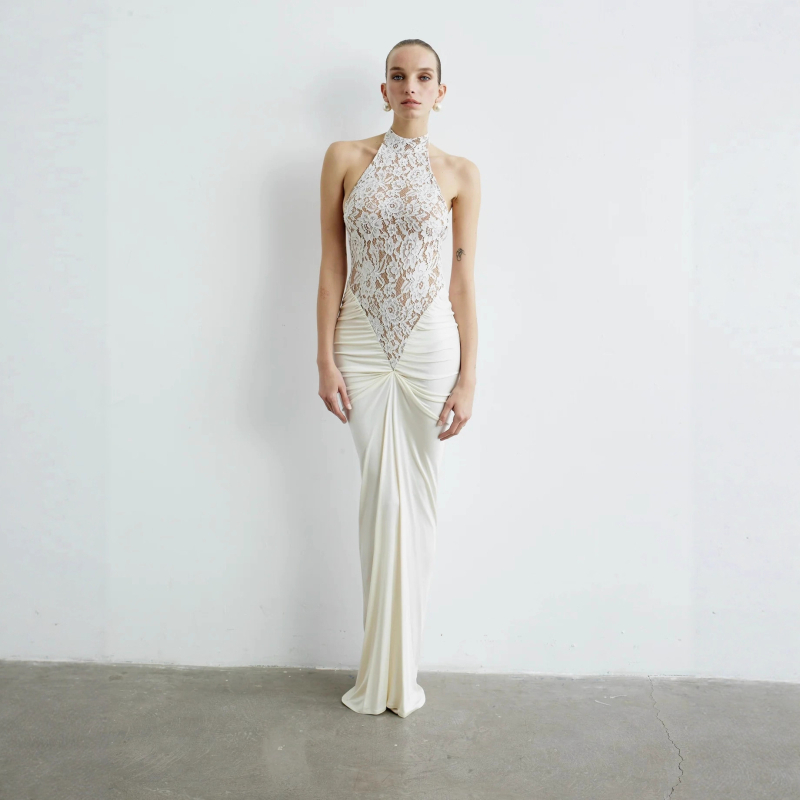 Βραδινό φόρεμα με halter-neck, χωρίς πλάτη, δαντελένιες επενδύσεις, υψηλή μέση, μακρύ φόρεμα σε γραμμή ίσιας σιλουέτας