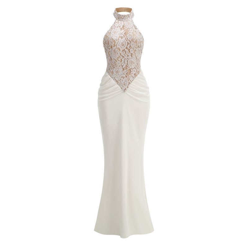 Βραδινό φόρεμα με halter-neck, χωρίς πλάτη, δαντελένιες επενδύσεις, υψηλή μέση, μακρύ φόρεμα σε γραμμή ίσιας σιλουέτας
