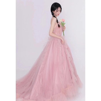 Rochie de mireasă din organza, bretele subțiri, talie înaltă, fustă lungă, poliester 50-70%