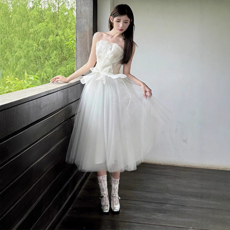 Rochie de mireasă fără bretele, stil A-line, lungă, talie înaltă, din amestec poliester.