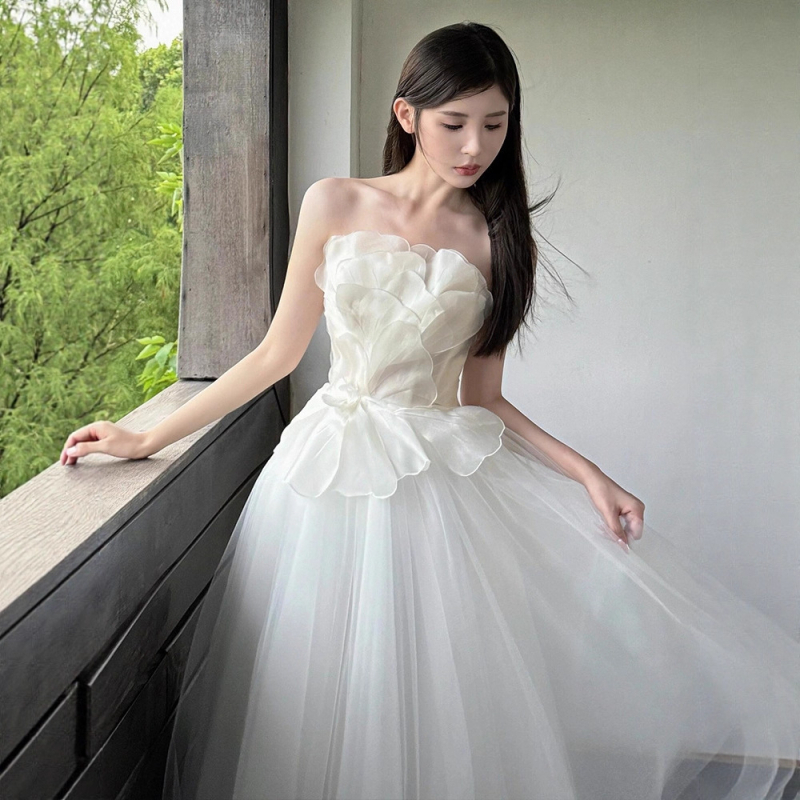 Rochie de mireasă fără bretele, stil A-line, lungă, talie înaltă, din amestec poliester.