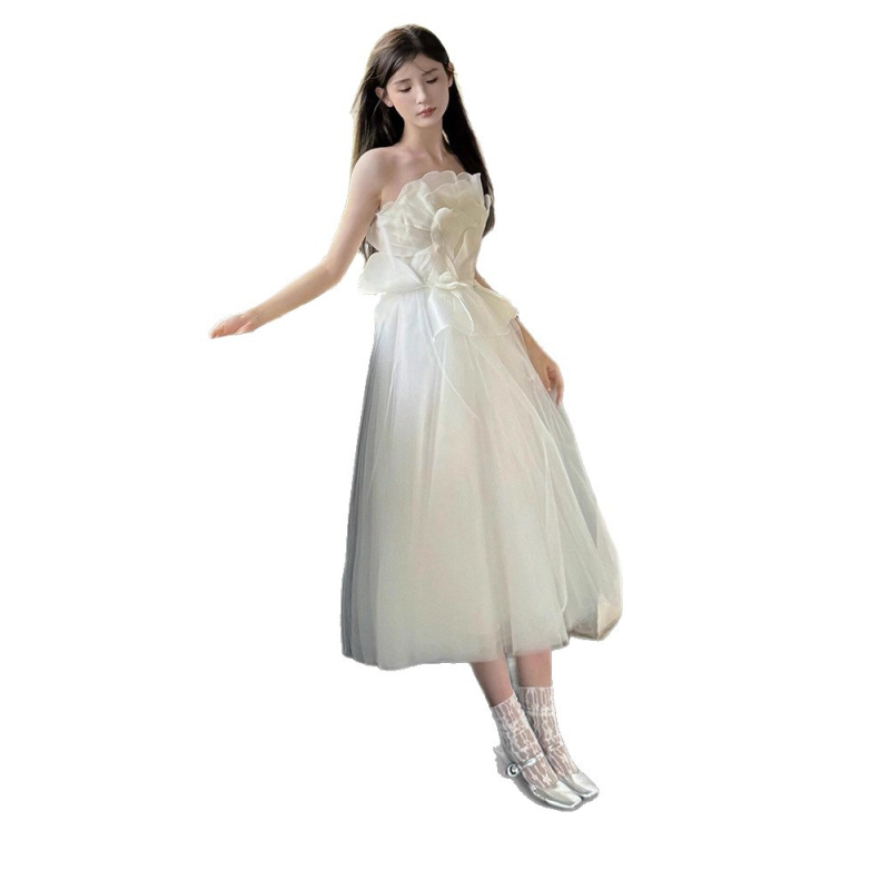 Rochie de mireasă fără bretele, stil A-line, lungă, talie înaltă, din amestec poliester.