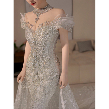 Vjenčana haljina, A-linija kroja, visok struk, bez rukava, duga suknja (Acetate fabric, 80-90% acetate, Polyester 50-70%)