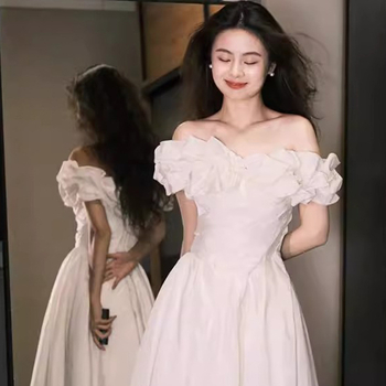 Francuski stil večernje haljine s jednim ramenom - A-linija, bez rukava, duga haljina, visok struk