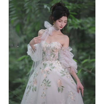 Večernja haljina s jednim ramom, A-linijski kroj, duga, visoki struk, 3/4 rukavi