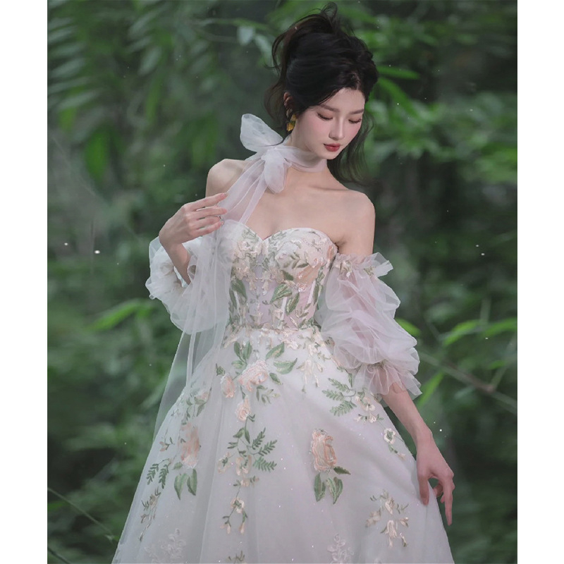 Večernja haljina s jednim ramom, A-linijski kroj, duga, visoki struk, 3/4 rukavi