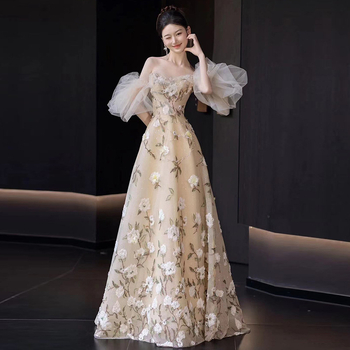 Večernja haljina bez ramena s cvjetnim uzorkom, A-linija, duga suknja, poliester, proljeće 2025